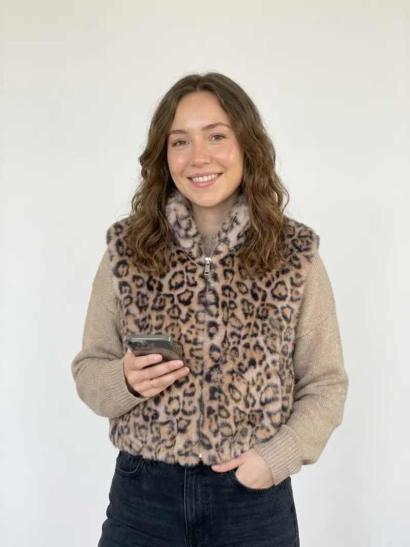 Modelo usando chaleco animal print leopardo