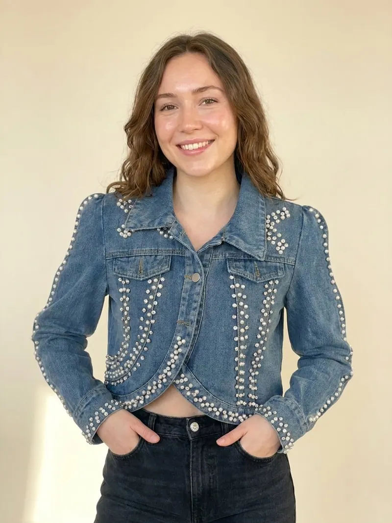 Modelo usando chaqueta denim con perlas de Franca Fortuna