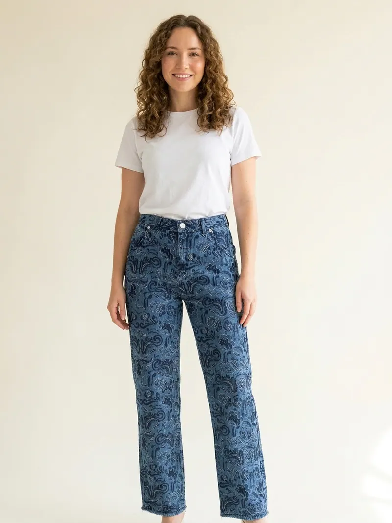 Modelo usando jeans bordado paisley de Studio F