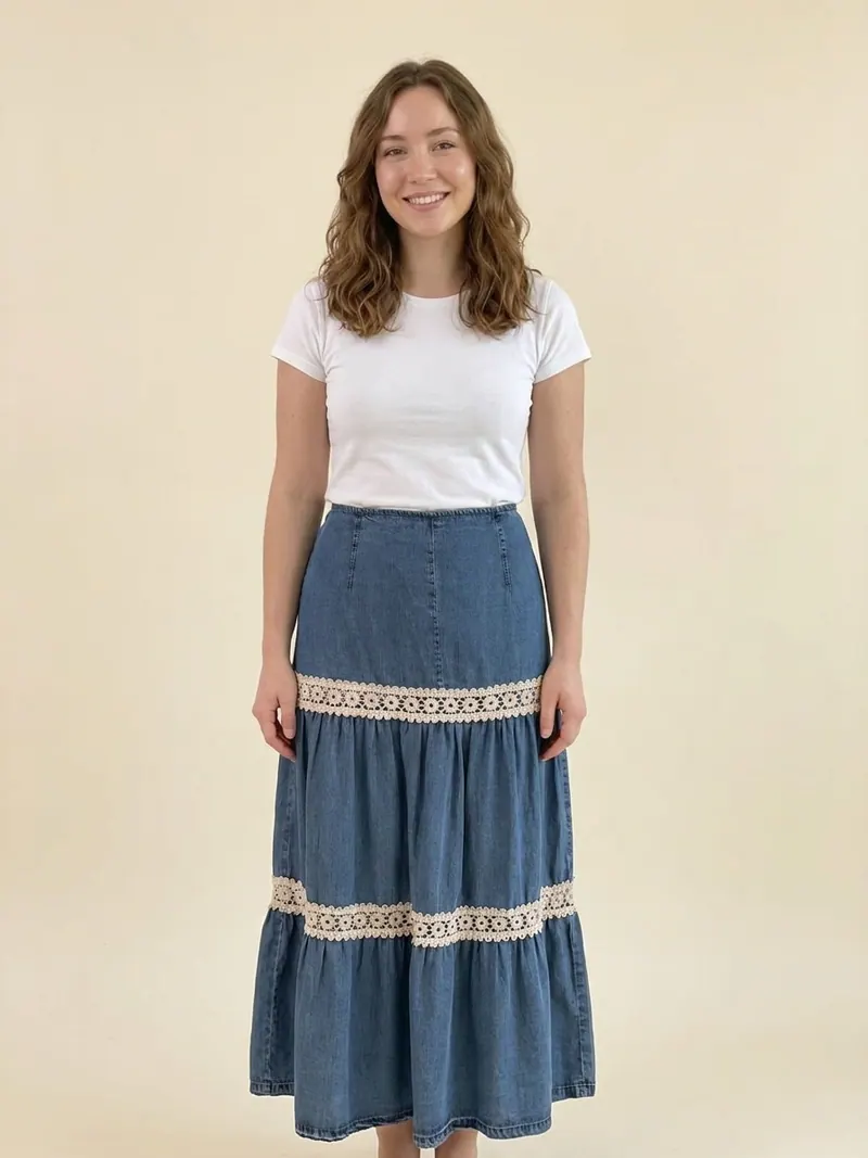 Modelo usando falda denim larga con crochet de Studio F