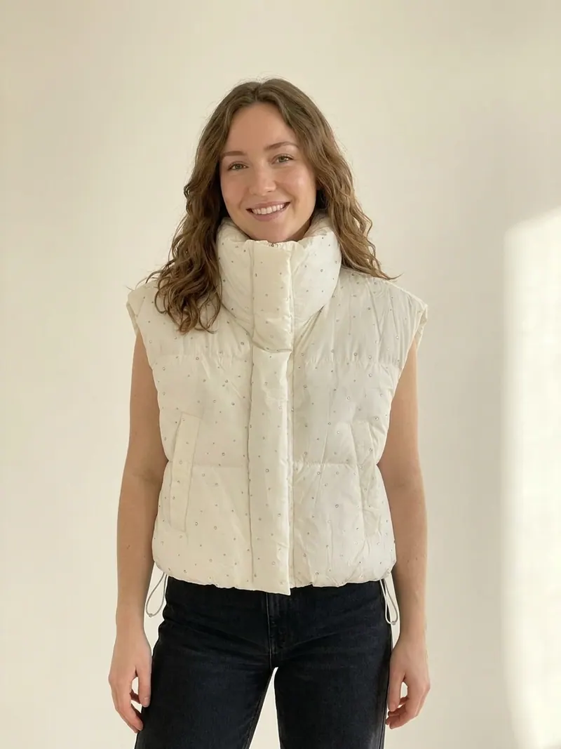 Modelo usando chaleco puffer crop con strass de Franca Fortuna